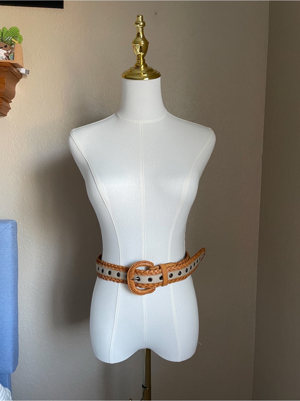 Woven Leather and Canvas Grommet Belt Wrapped Buckle One Size Cognac and Cream